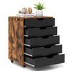 Mobile lateral filing cabinet with rustic brown finish, featuring 5 drawers and wheels for easy movement in home office.