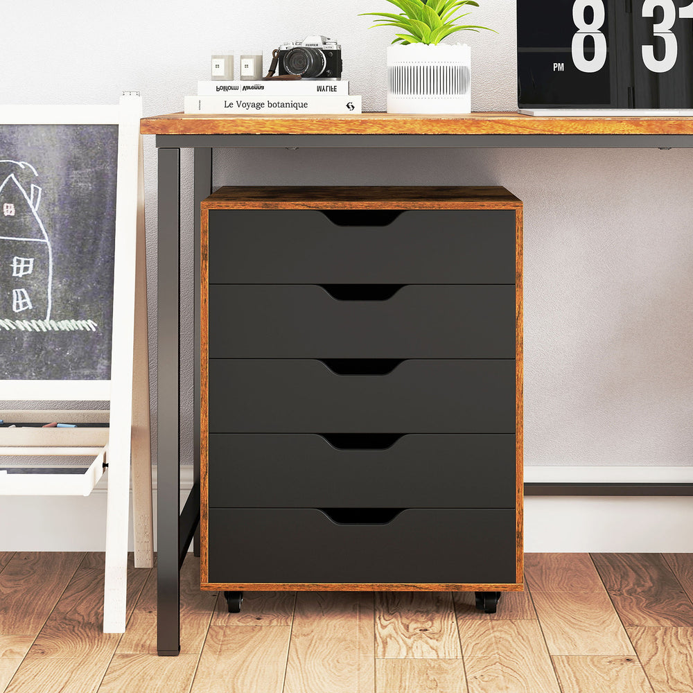 5-drawer mobile lateral filing cabinet in rustic brown with wheels, ideal for home office or living room storage.