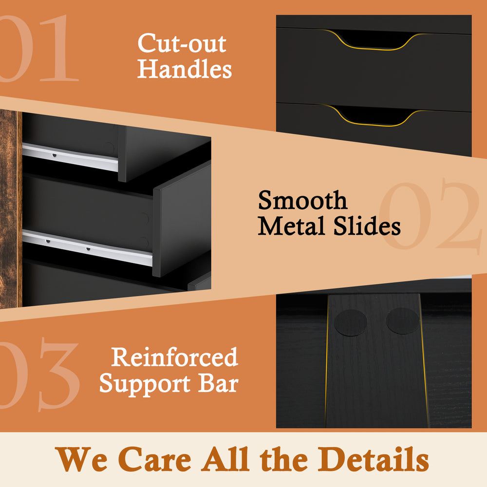 5-drawer mobile lateral filing cabinet in rustic brown with cut-out handles and smooth metal slides for easy access.