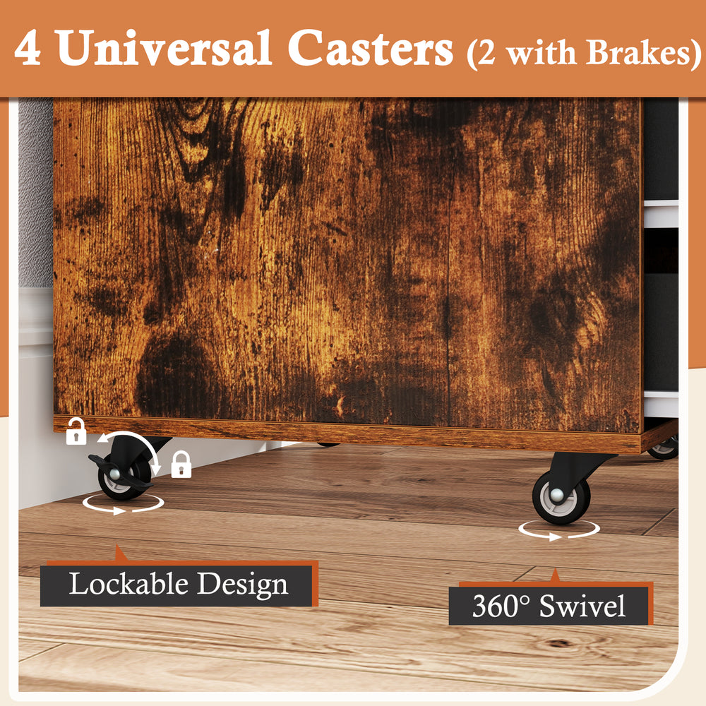 Close-up of the 360° swivel casters with brakes on the rustic brown mobile filing cabinet for easy mobility.