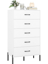 Modern tall chest of drawers in white with five large drawers and sturdy metal legs, perfect for organized storage.