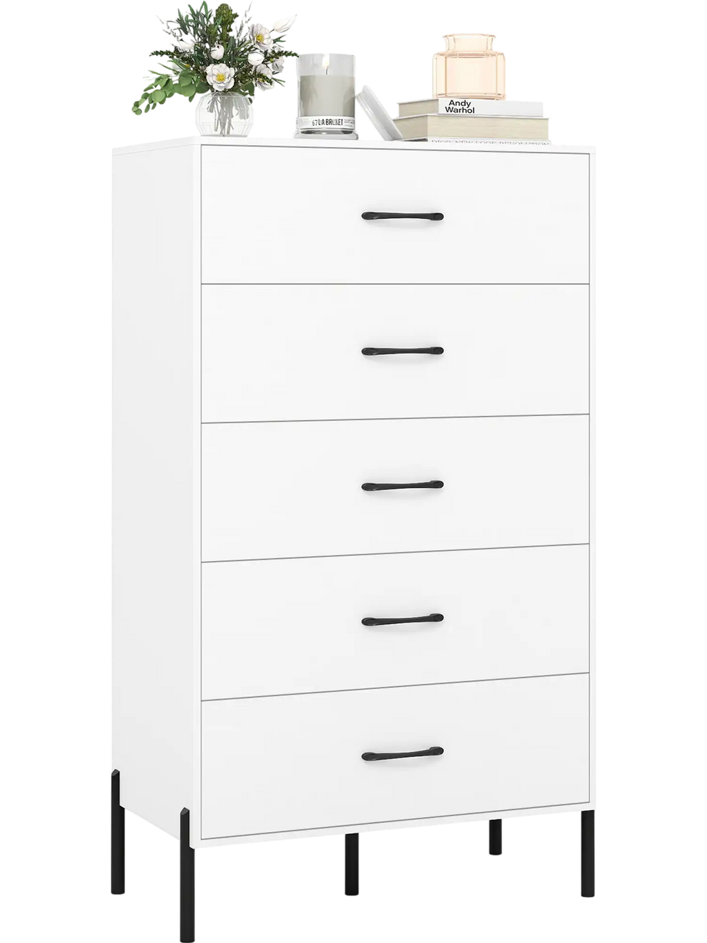 Modern tall chest of drawers in white with five large drawers and sturdy metal legs, perfect for organized storage.