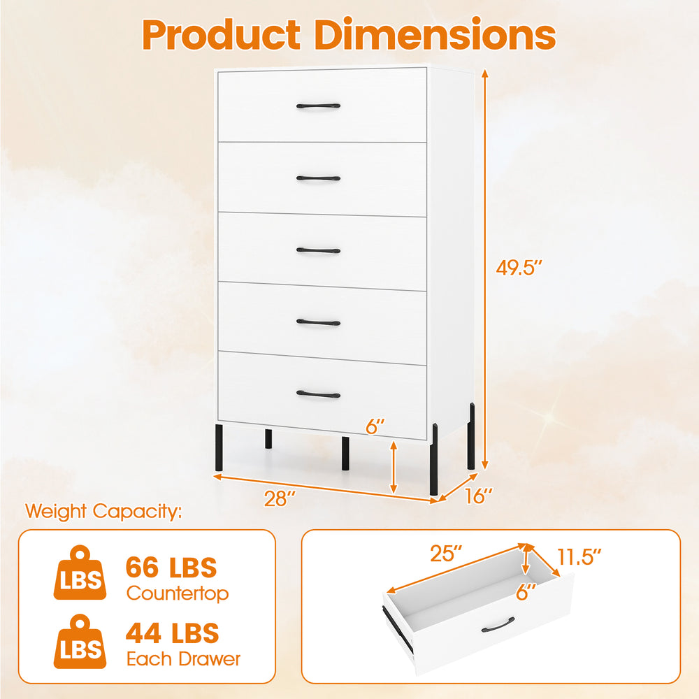 5-drawer modern tall chest of drawers in white with metal legs, showcasing dimensions and weight capacity for organized.