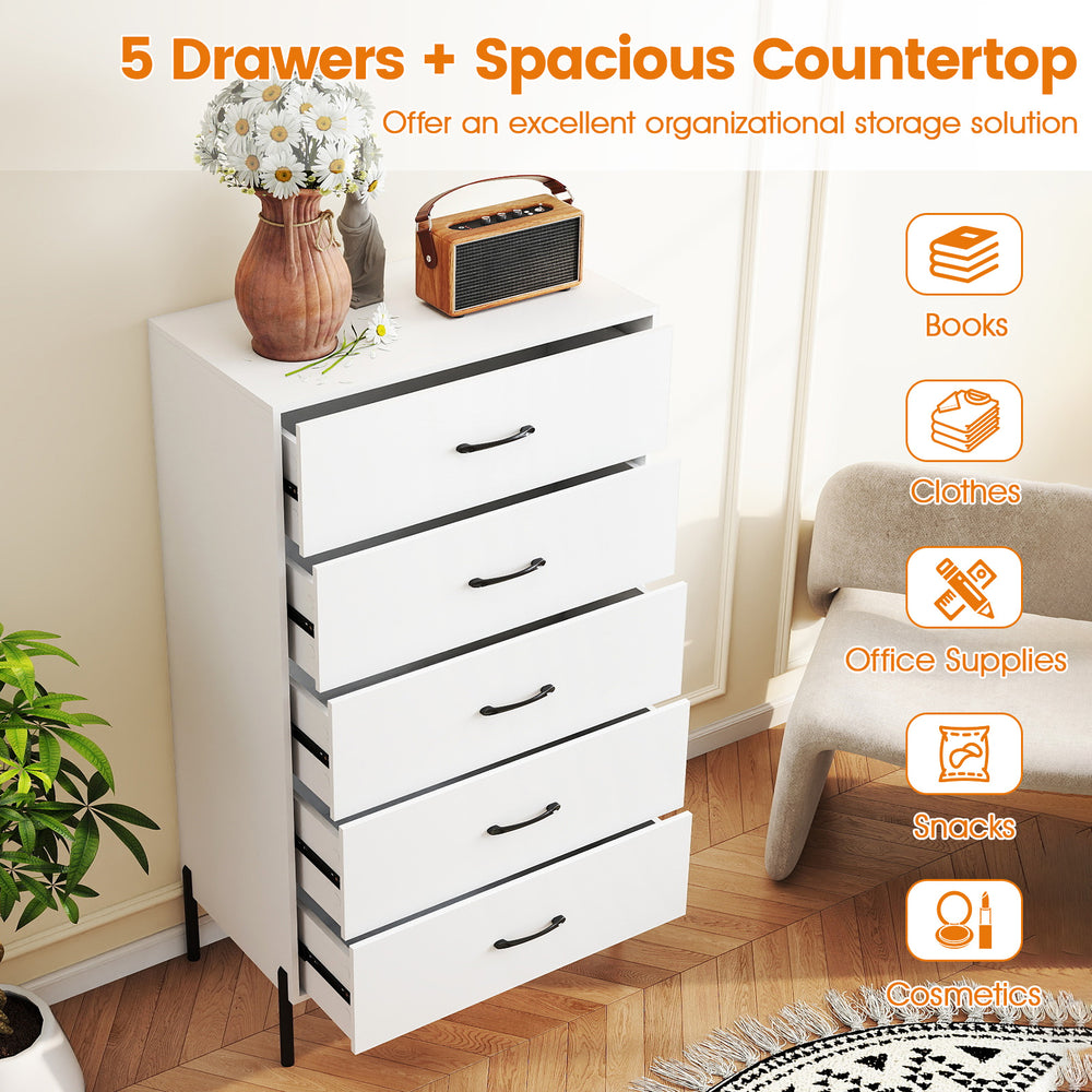 5-drawer modern tall chest of drawers in white with metal legs, ideal for organizing clothes and office supplies.