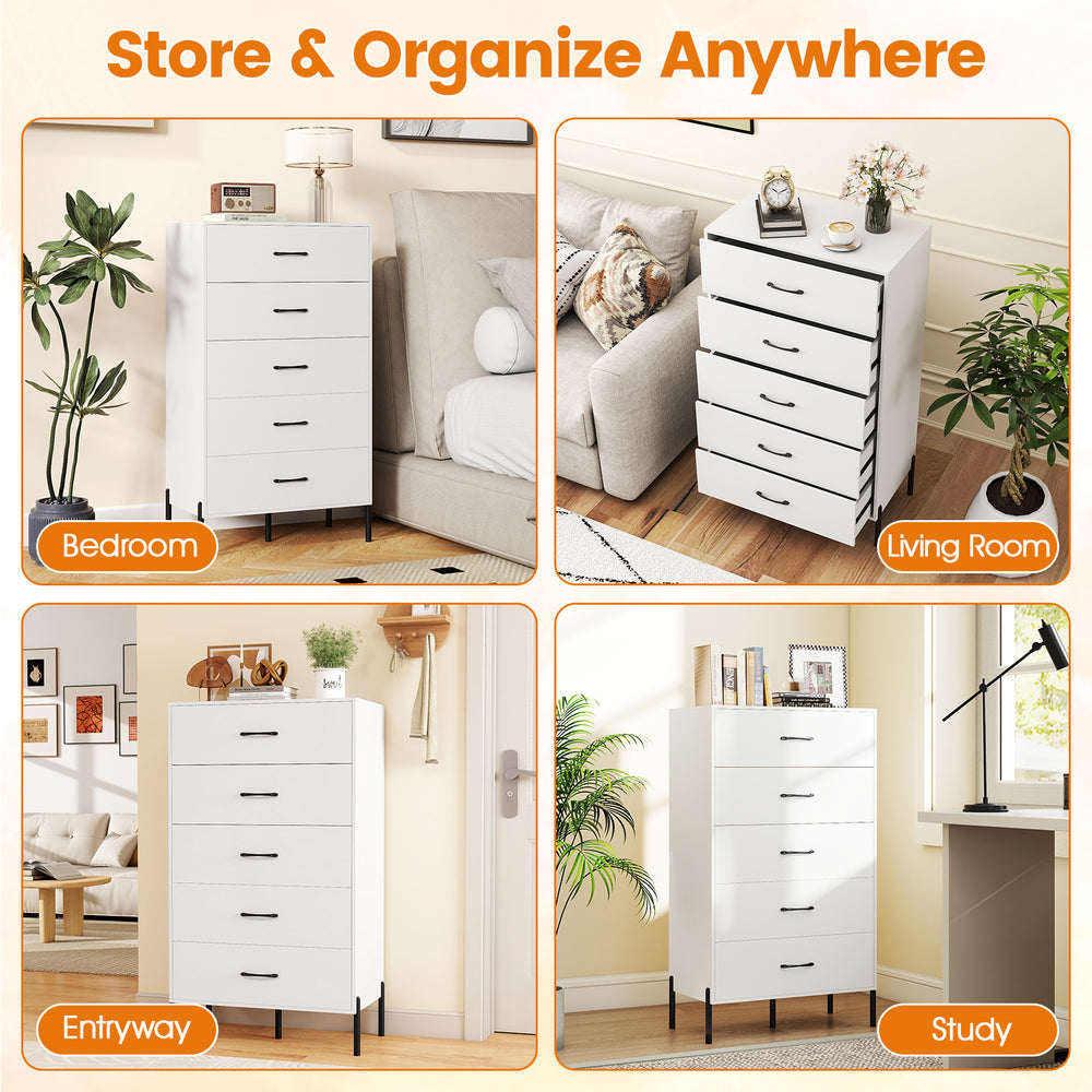 5-drawer modern tall chest of drawers in white with metal legs, ideal for organized storage in various rooms.