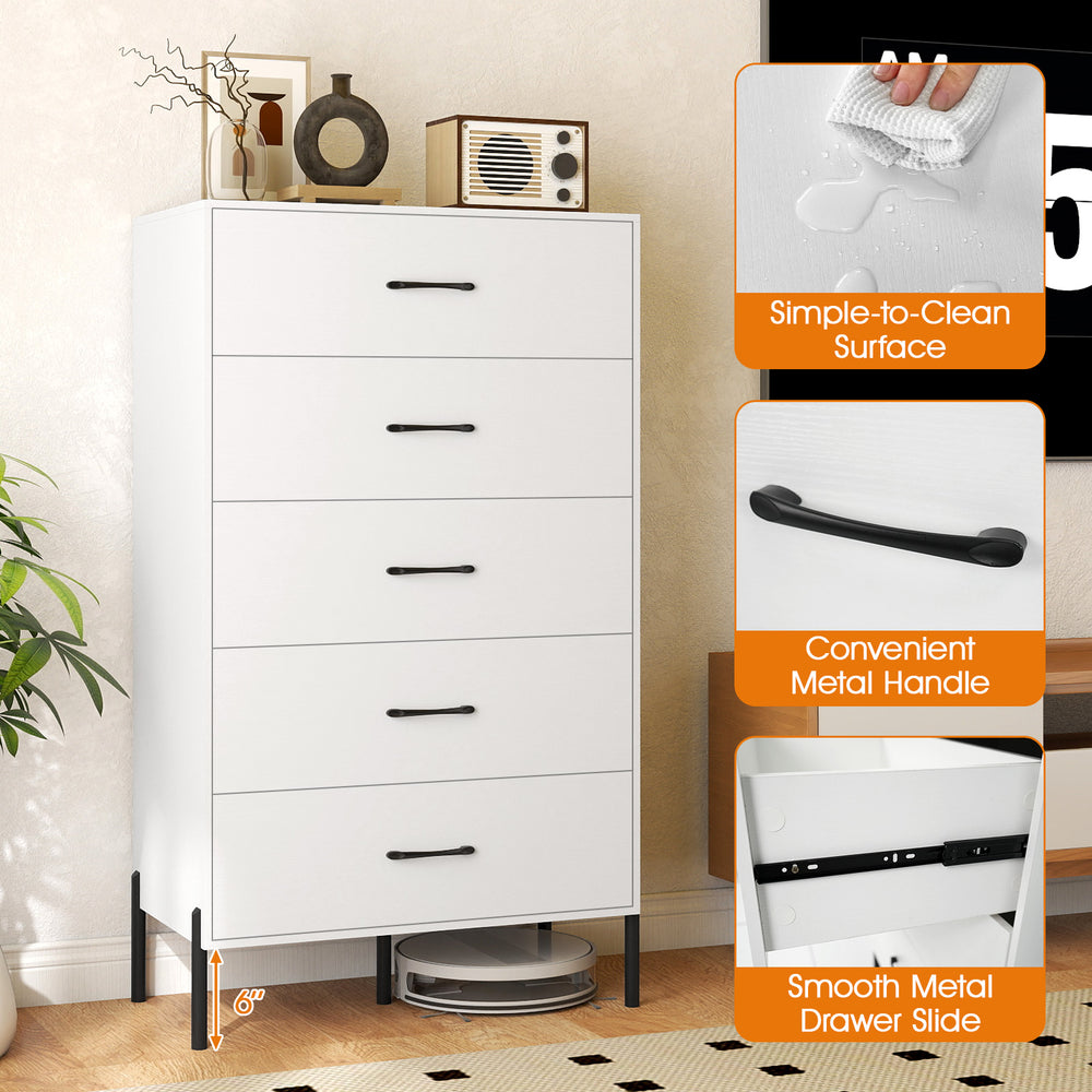 5-drawer tall chest of drawers in white with metal legs, featuring smooth slides and convenient handles for easy access.