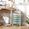 Five-drawer rolling cart with a powder-coated metal frame and universal wheels, ideal for versatile storage in any room.