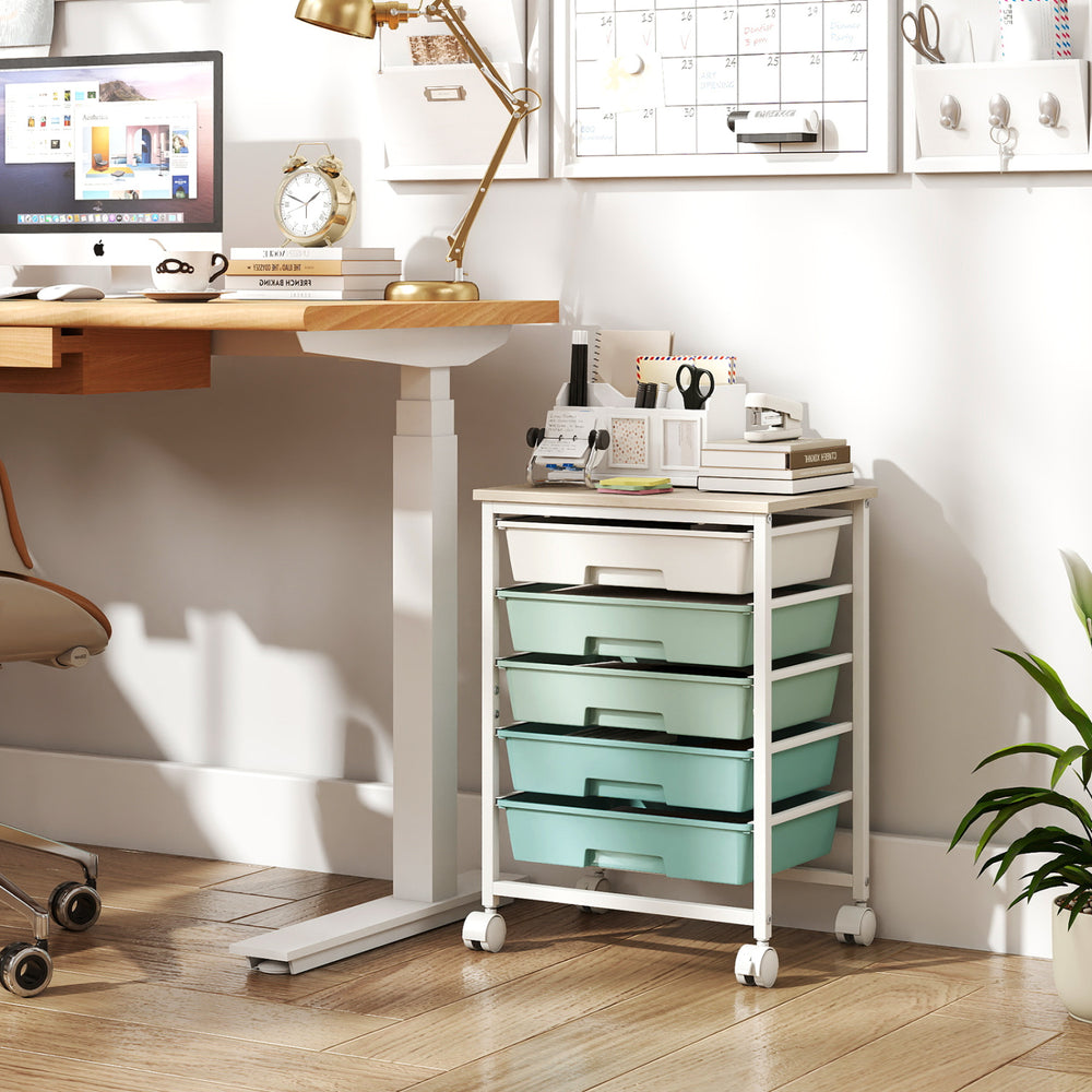 Five-drawer rolling cart with a powder-coated metal frame and universal wheels, ideal for versatile storage in any room.