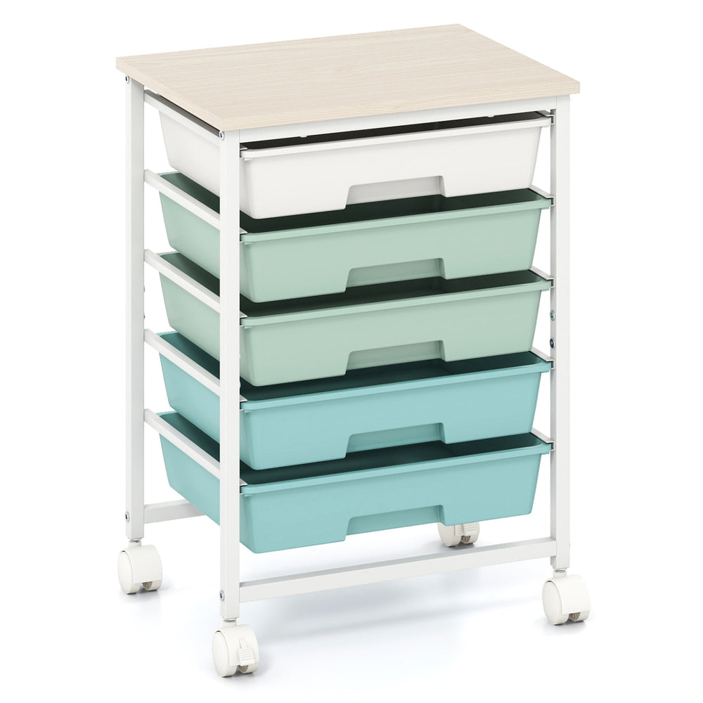 Rolling storage cart with five colorful drawers, a spacious tabletop, and four universal wheels for easy mobility.