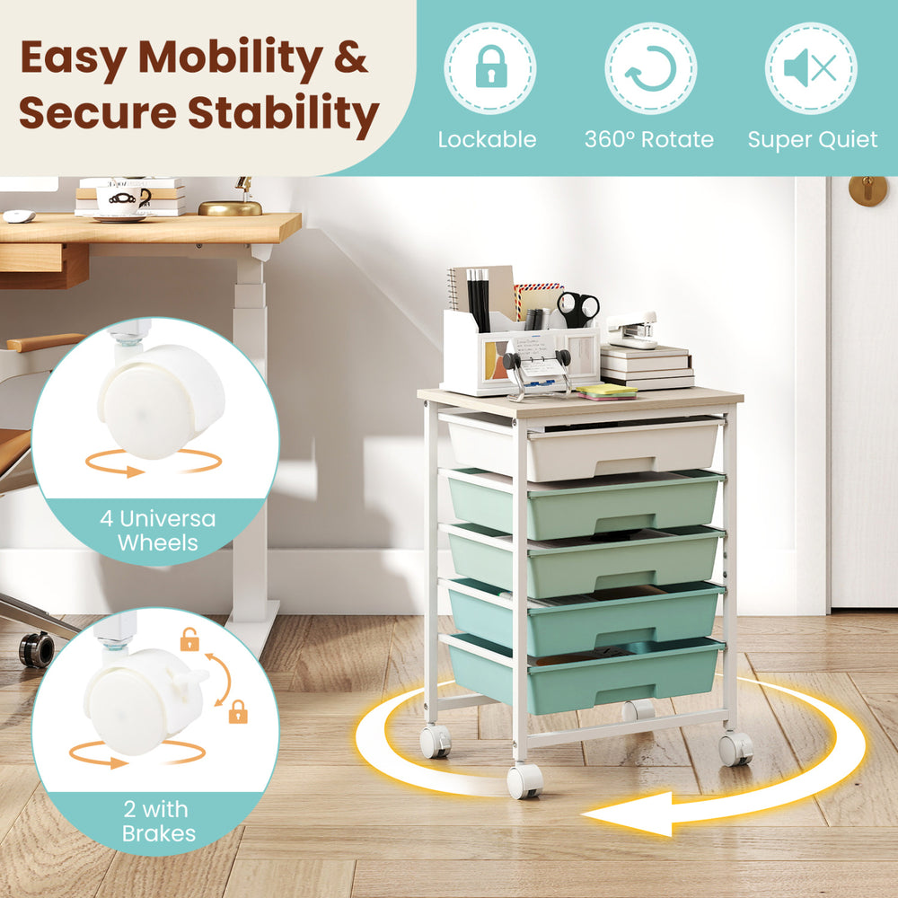 Rolling storage cart with 5 roomy drawers, 4 universal wheels, and a powder-coated metal frame for versatile use.