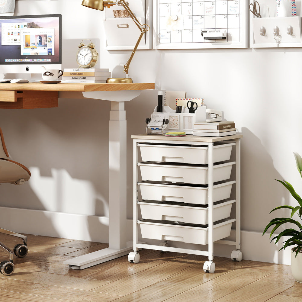 5-Drawer Rolling Cart with Wooden Tabletop and Metal Frame for Craft Room-White - Gallery View 1 of 9