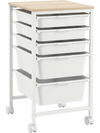 5-drawer rolling storage cart with white drawers and natural wood top, ideal for office or craft organization.