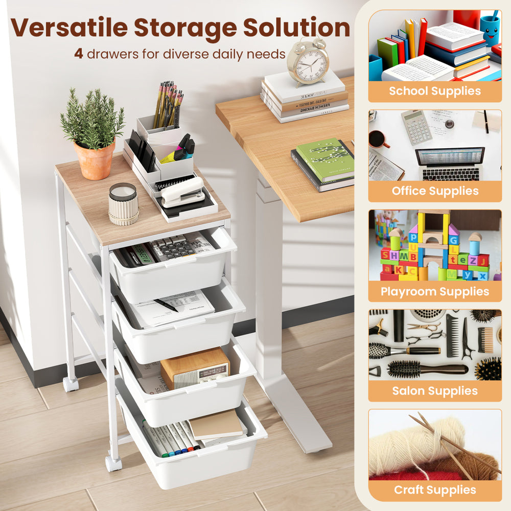 5-drawer rolling storage cart with wooden tabletop, ideal for organizing office and craft supplies in any space.