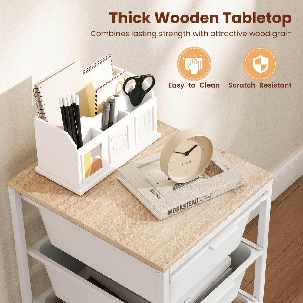 5-drawer rolling storage cart with a thick wooden tabletop, featuring a natural wood grain for stylish organization.