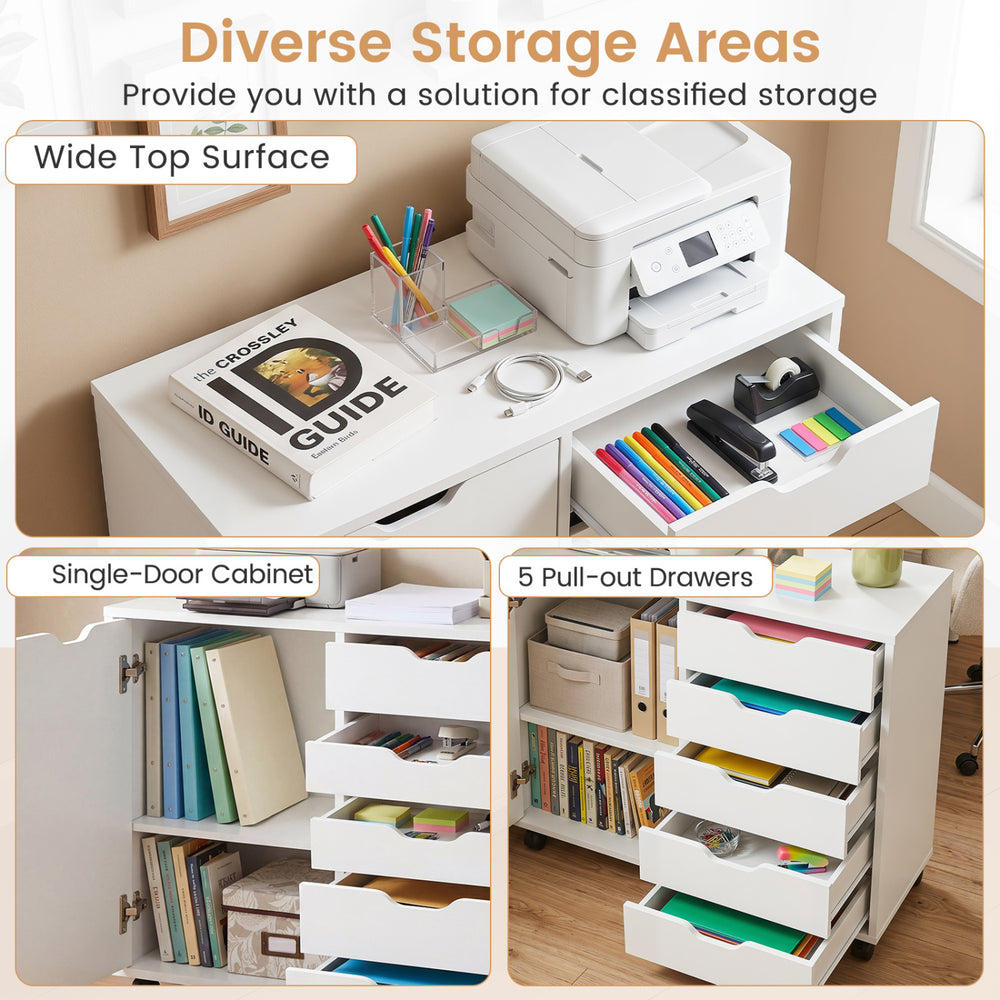 5-drawer storage cabinet on wheels in white includes a single-door cabinet for additional hidden storage and organization.