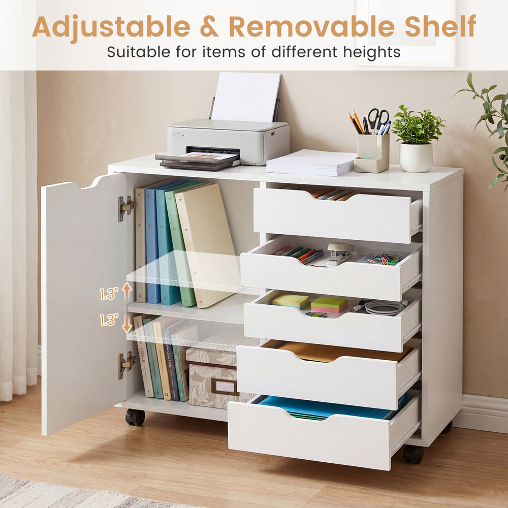 5-drawer storage cabinet on wheels in white with adjustable shelf, ideal for organizing items of different heights.