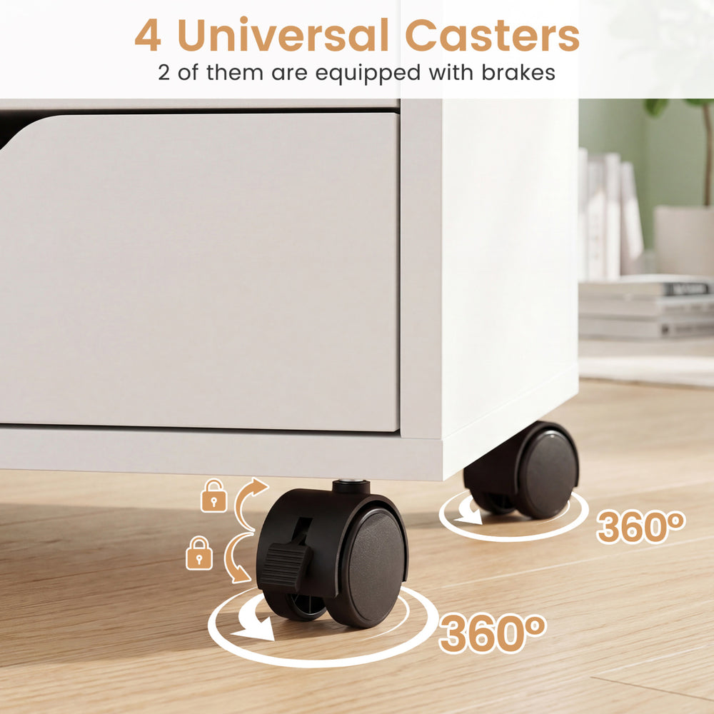 Universal casters on the 5 drawer storage cabinet allow easy movement, with 2 wheels featuring brakes for stability.