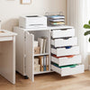 5-drawer storage cabinet on wheels in white with adjustable shelf, ideal for workspace organization and easy mobility.