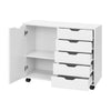 5-drawer white storage cabinet on wheels with adjustable shelf, ideal for workspace organization and easy movement.