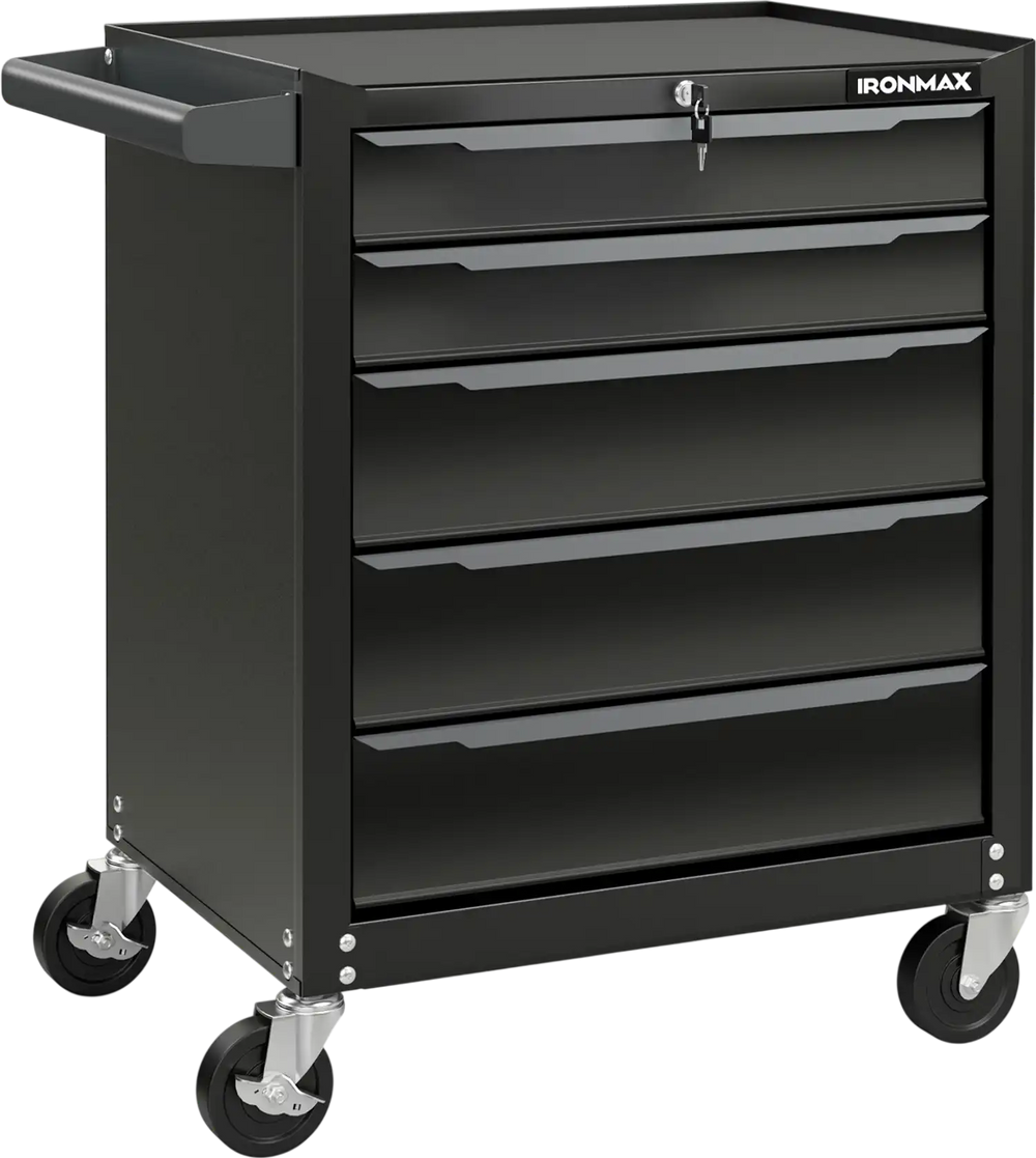 5-drawer tool storage cabinet in black with central locking system, designed for garage and workshop use.