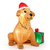 Festive 5 FT inflatable golden retriever dog with a Christmas hat and gift box, ideal for cheerful holiday yard decor.