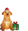 Inflatable 5 FT golden retriever dog decoration with Christmas hat and gift box, perfect for holiday yard displays.