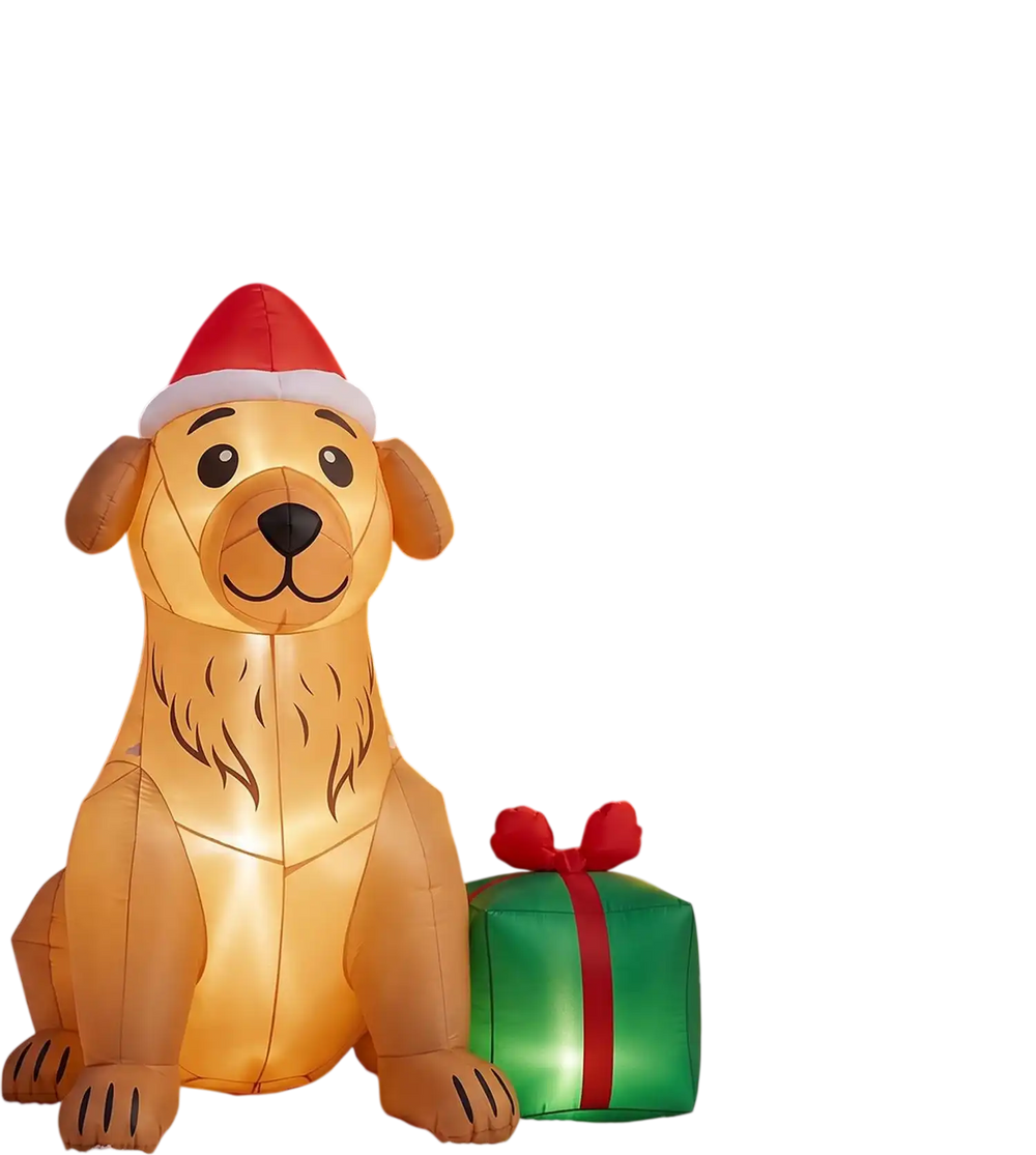 Inflatable 5 FT golden retriever dog decoration with Christmas hat and gift box, perfect for holiday yard displays.