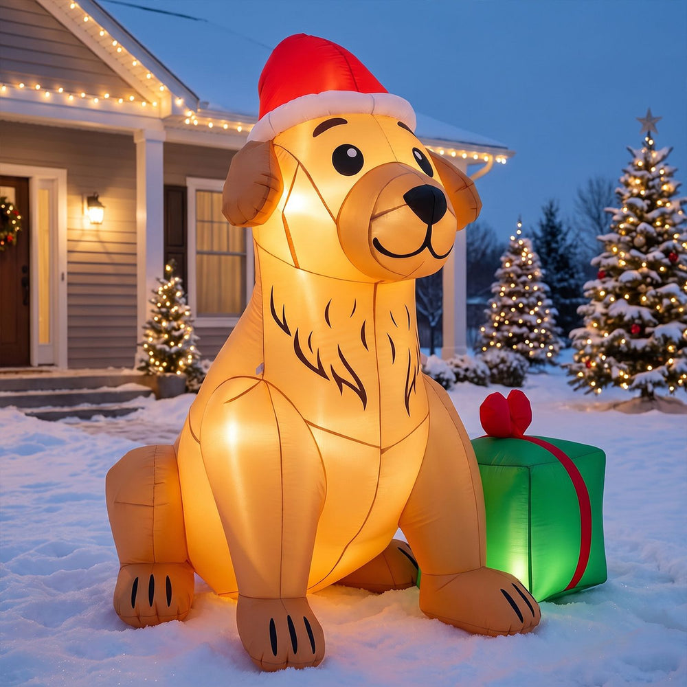 Festive 5 FT inflatable golden retriever dog wearing a Santa hat, illuminated for cheerful holiday yard decoration.