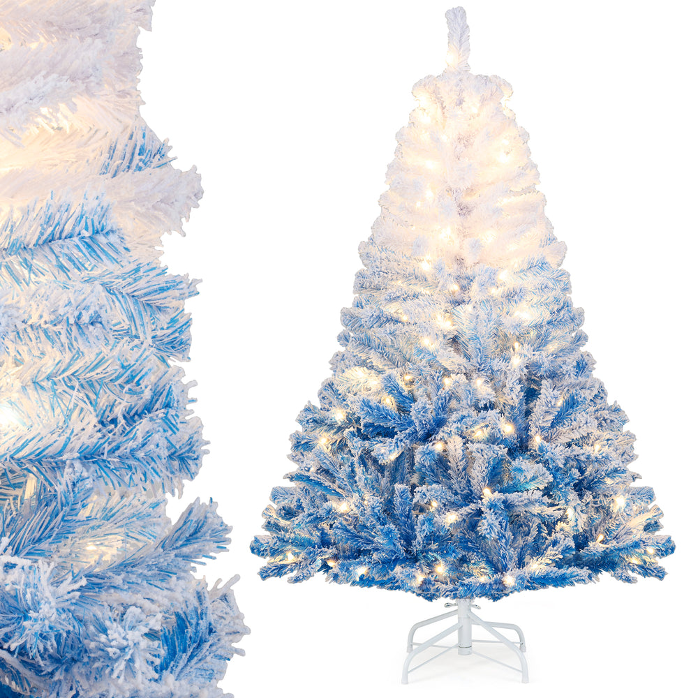 5 FT artificial Christmas tree with blue gradient color, warm white LED lights, and snow flocking for festive decor.