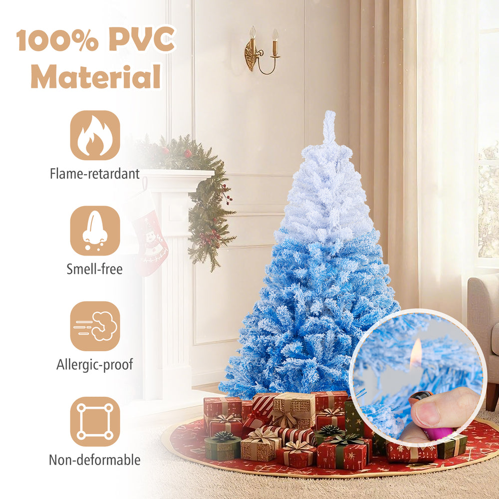 5 FT artificial Christmas tree in blue gradient with warm white LED lights, featuring snow flocking and 8 lighting.