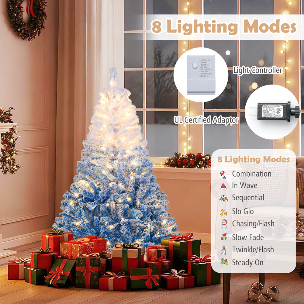 5 FT artificial Christmas tree with warm white LED lights, featuring 8 lighting modes and snow flocking for festive.