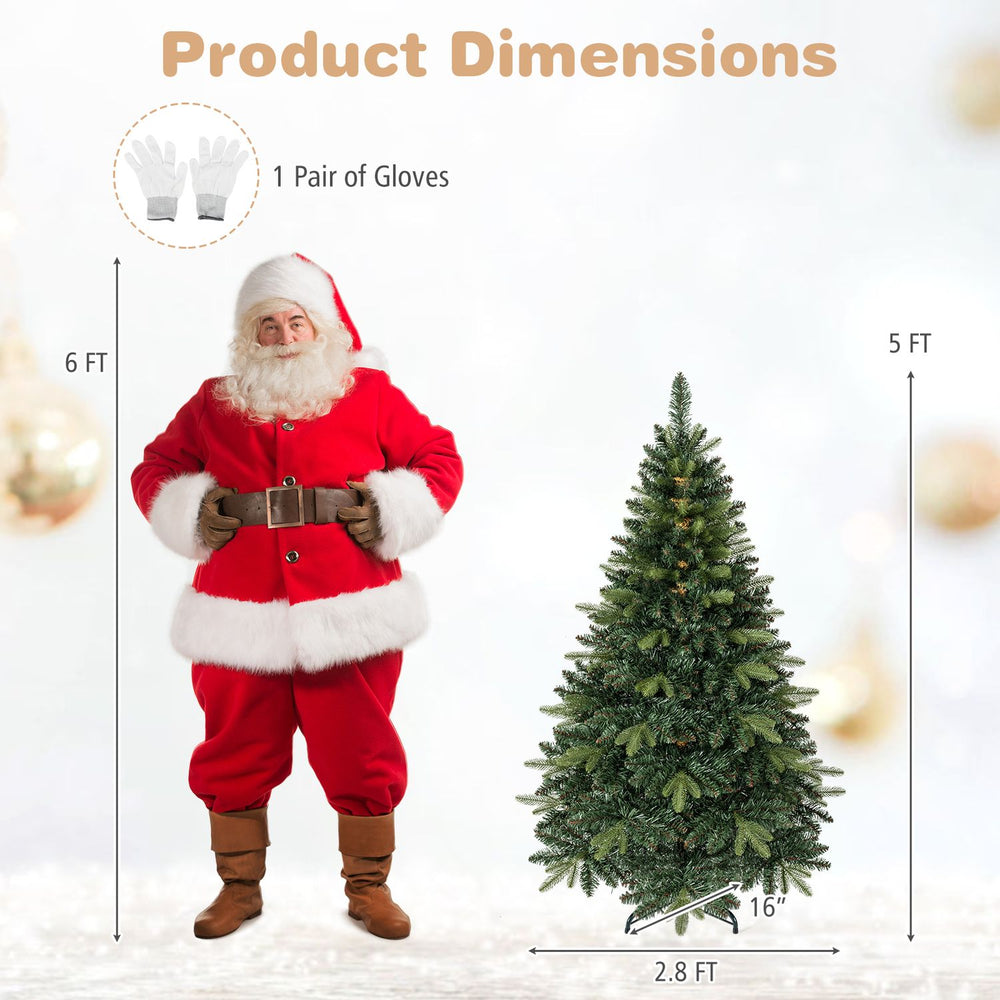 5 FT artificial Christmas tree with 500 branch tips and folding metal stand, ideal for festive living room decor.