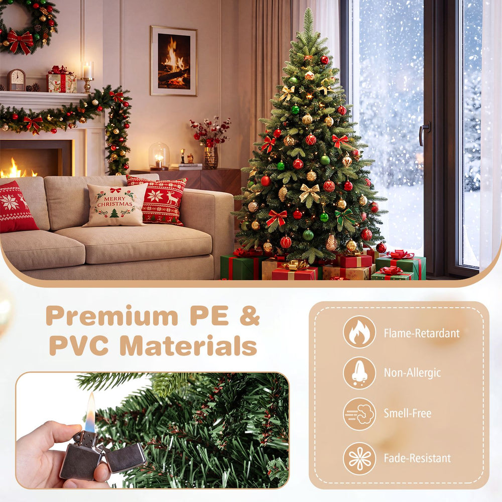5 FT artificial Christmas tree featuring 500 dense branch tips made of flame-retardant PE and PVC materials for safe decoration.