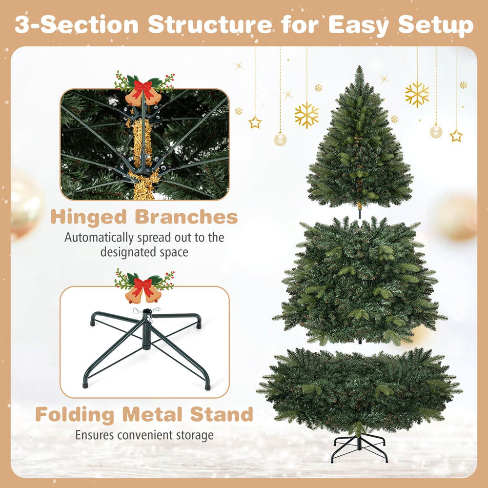 5 FT artificial Christmas tree features 500 branch tips, hinged branches for easy setup, and a folding metal stand for storage.