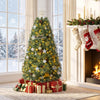 5 FT artificial Christmas tree with 238 blossom pine needles, fully decorated with lights and ornaments for festive ambiance.