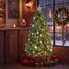 Fully decorated 5 FT artificial Christmas tree with 238 blossom pine needles, warm white LED lights, and festive ornaments.