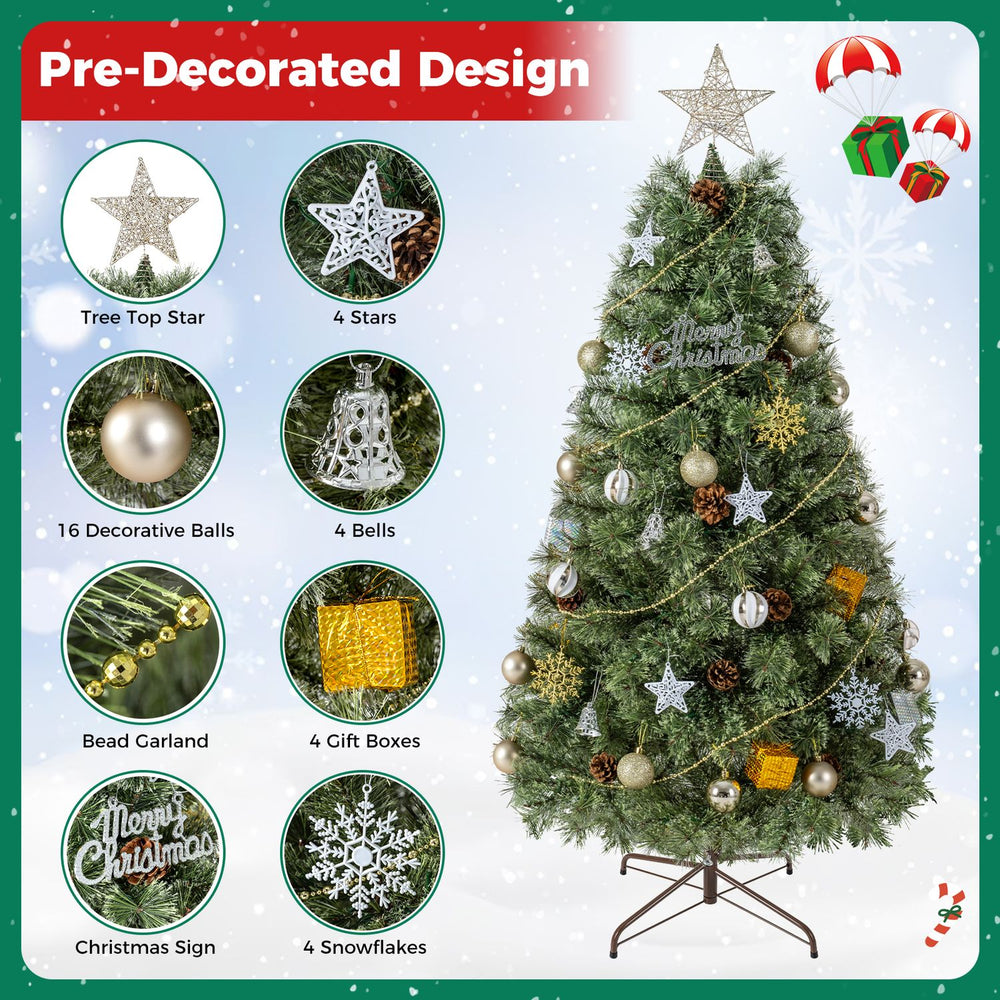 5 FT artificial Christmas tree with 238 blossom pine needles, fully decorated with ornaments, lights, and a star topper.