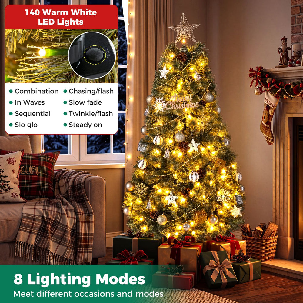 5 FT artificial Christmas tree with 238 blossom pine needles, 140 warm white LED lights, and 8 lighting modes for festive charm.