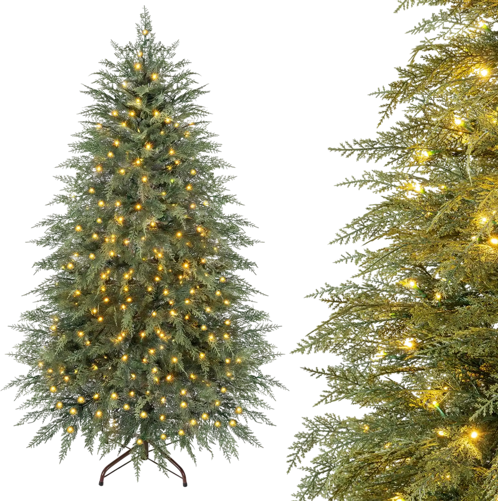 5 FT artificial Christmas tree featuring 406 full branch tips and 245 warm white LED lights for festive decor.
