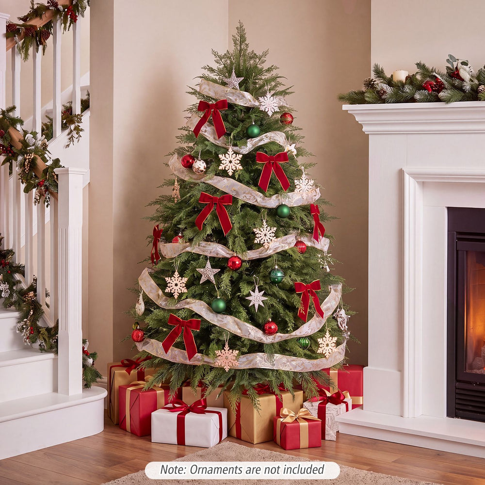 5 FT artificial Christmas tree featuring 406 branch tips and 245 warm white LED lights for festive holiday decor.