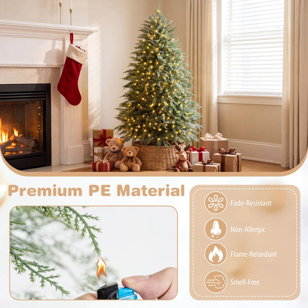 5 FT artificial Christmas tree with 406 branch tips and 245 warm white LED lights, made of flame-retardant PE material.