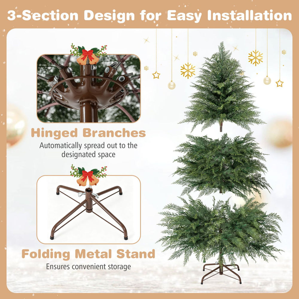 5 FT artificial Christmas tree with 406 branch tips, warm white LED lights, and a folding metal stand for easy storage.