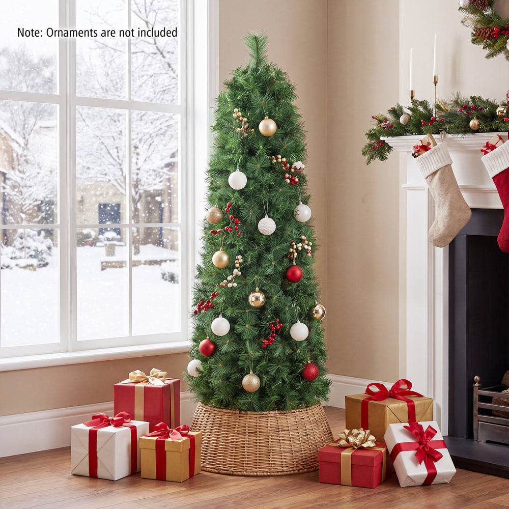 Slim 5 FT artificial pine Christmas tree with 309 branch tips, perfect for small spaces and a realistic holiday look.