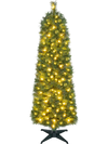 Slim 5 FT artificial pine Christmas tree with 309 branch tips and warm white LED lights, perfect for small spaces.