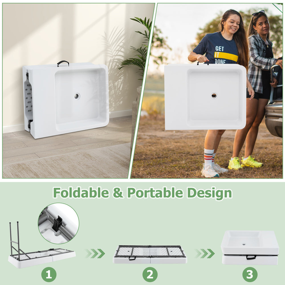 Portable 5 FT folding ice cooler table with double sinks, featuring a carry strap for easy transport to events.