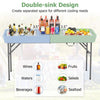 5 FT folding ice cooler table with double sinks, featuring stable H-shaped metal legs for reliable outdoor use.