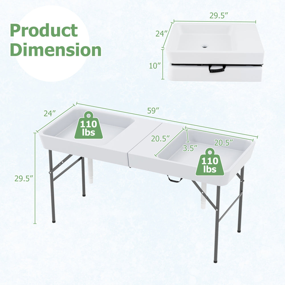 Dimensions and features of the 5 FT folding ice cooler table with double sinks, ideal for outdoor events and gatherings.