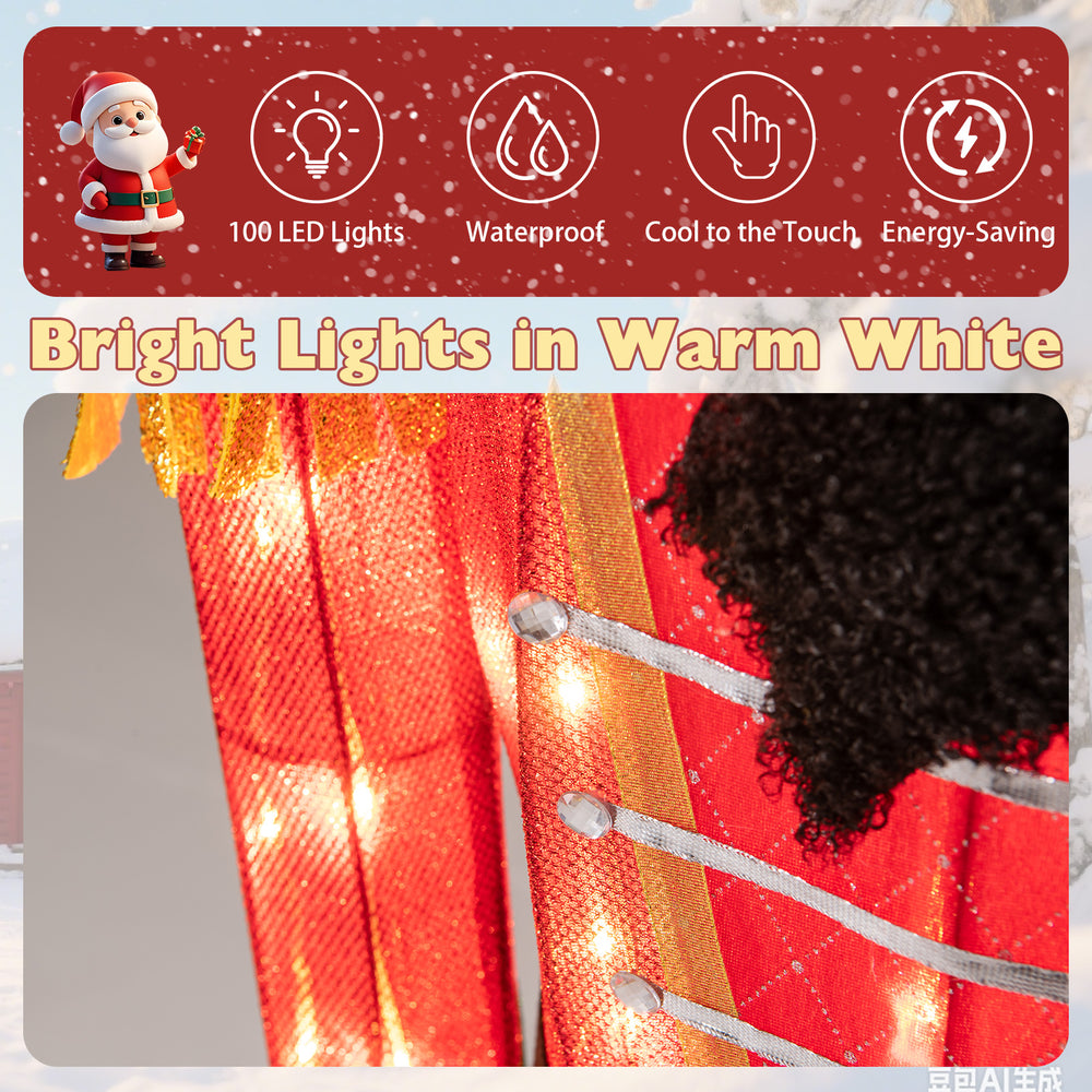 5 FT lighted Christmas Nutcracker with glitter sword, featuring 100 warm-white LED lights for festive outdoor.