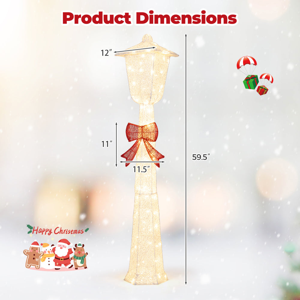 5 FT lighted Christmas lamp post with dimensions of 12” x 11.5” x 59.5” for elegant festive decor in any outdoor space.
