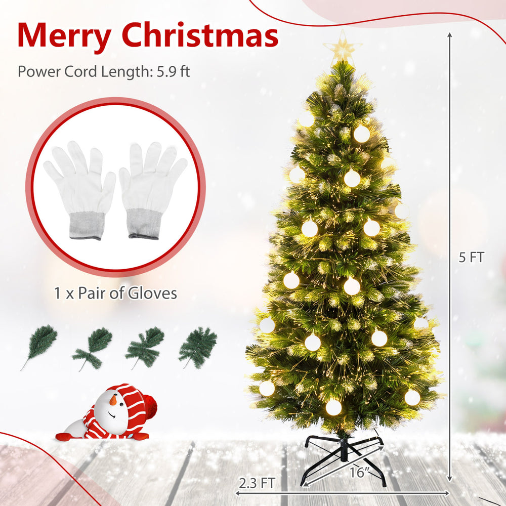5 FT artificial fir Christmas tree featuring 180 full branch tips, warm white LED lights, and a pair of assembly gloves included.